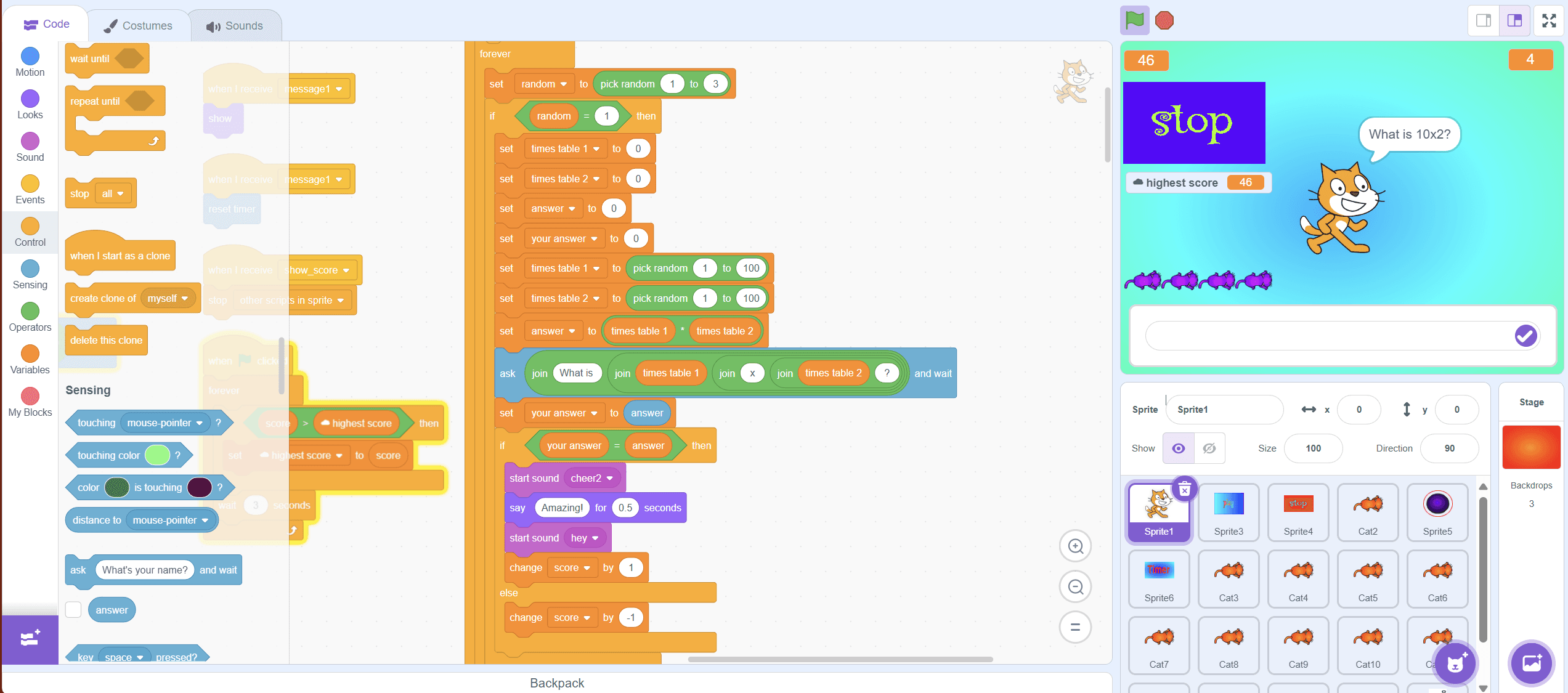 A picture of the Scratch project in reference: code to the left, game to the right.